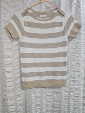 LL Bean Signature Linen / Cotton Beige & White Striped Short Sleeve Knit Top